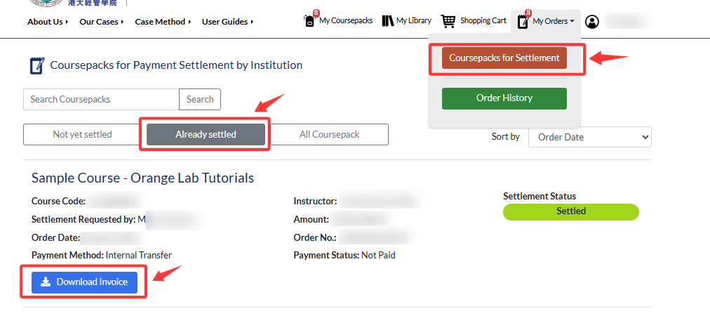 Dashboard showing a list of coursepacks for payment settlement. Red arrows highlight navigation to 'Coursepacks for Settlement', the 'Already settled' filter tab, and a 'Download Invoice' button for a specific record.